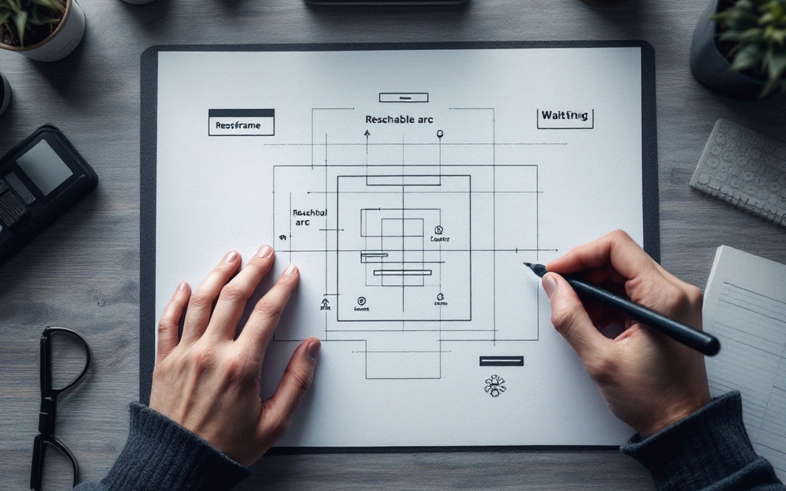 A wireframe grid drawn on paper