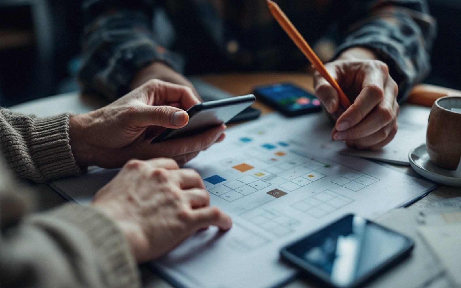 Hands holding a phone and pencil over a colorful grid chart with smartphones and coffee nearby