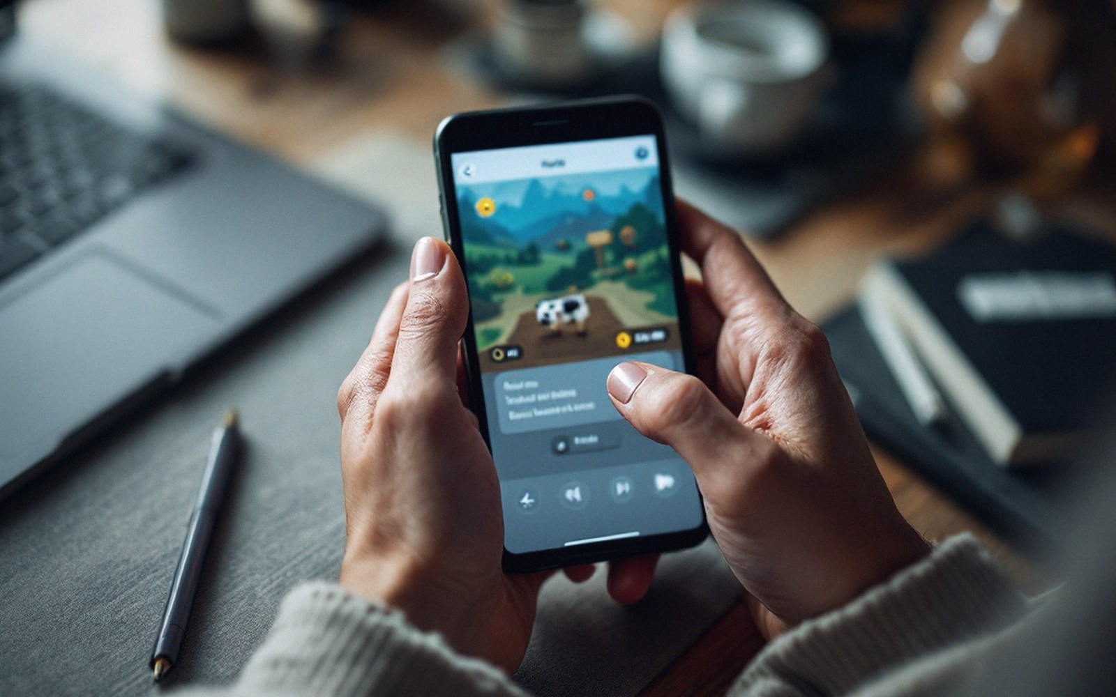 Hands holding a smartphone displaying a cartoon farm game with a cow