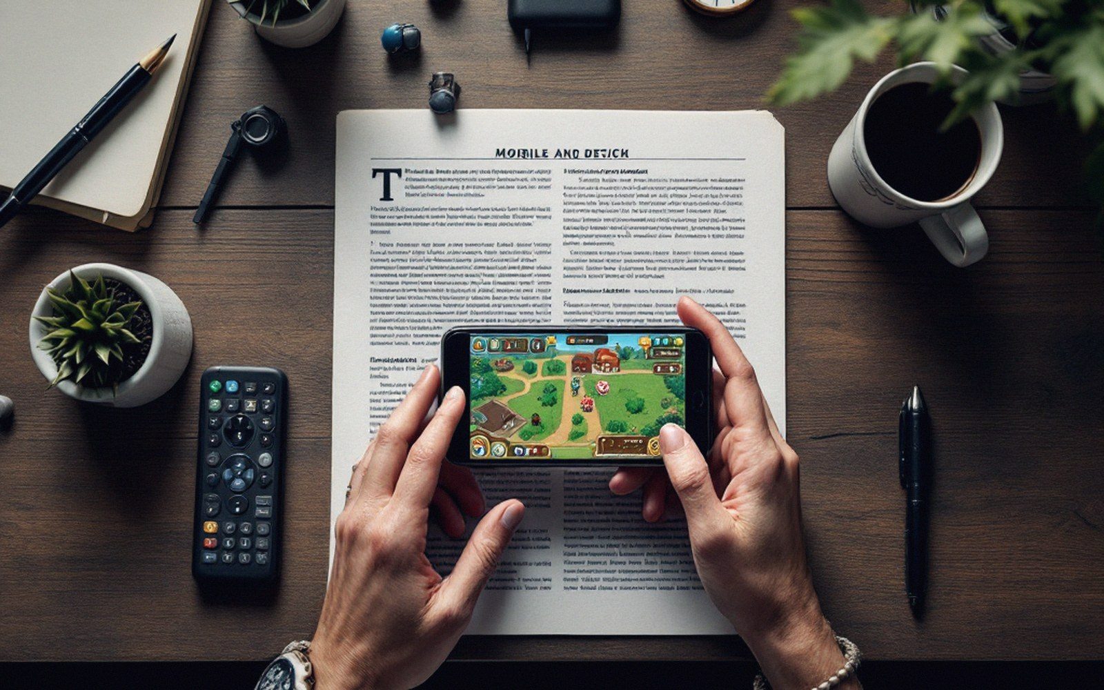 Hands holding a smartphone playing a farm simulation game over a printed article