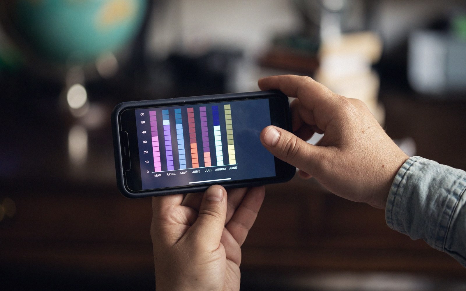 Hands holding a smartphone displaying a colorful monthly bar chart on screen