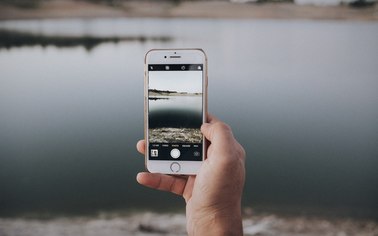 A hand holds up a smartphone photographing a calm lake shoreline