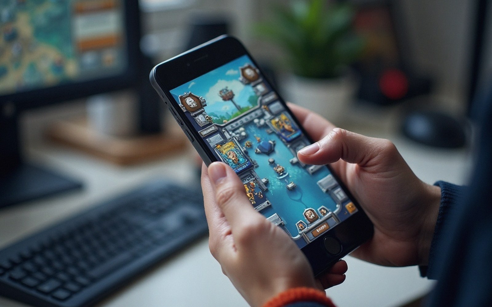 Hands holding a smartphone displaying a colorful mobile strategy game interface