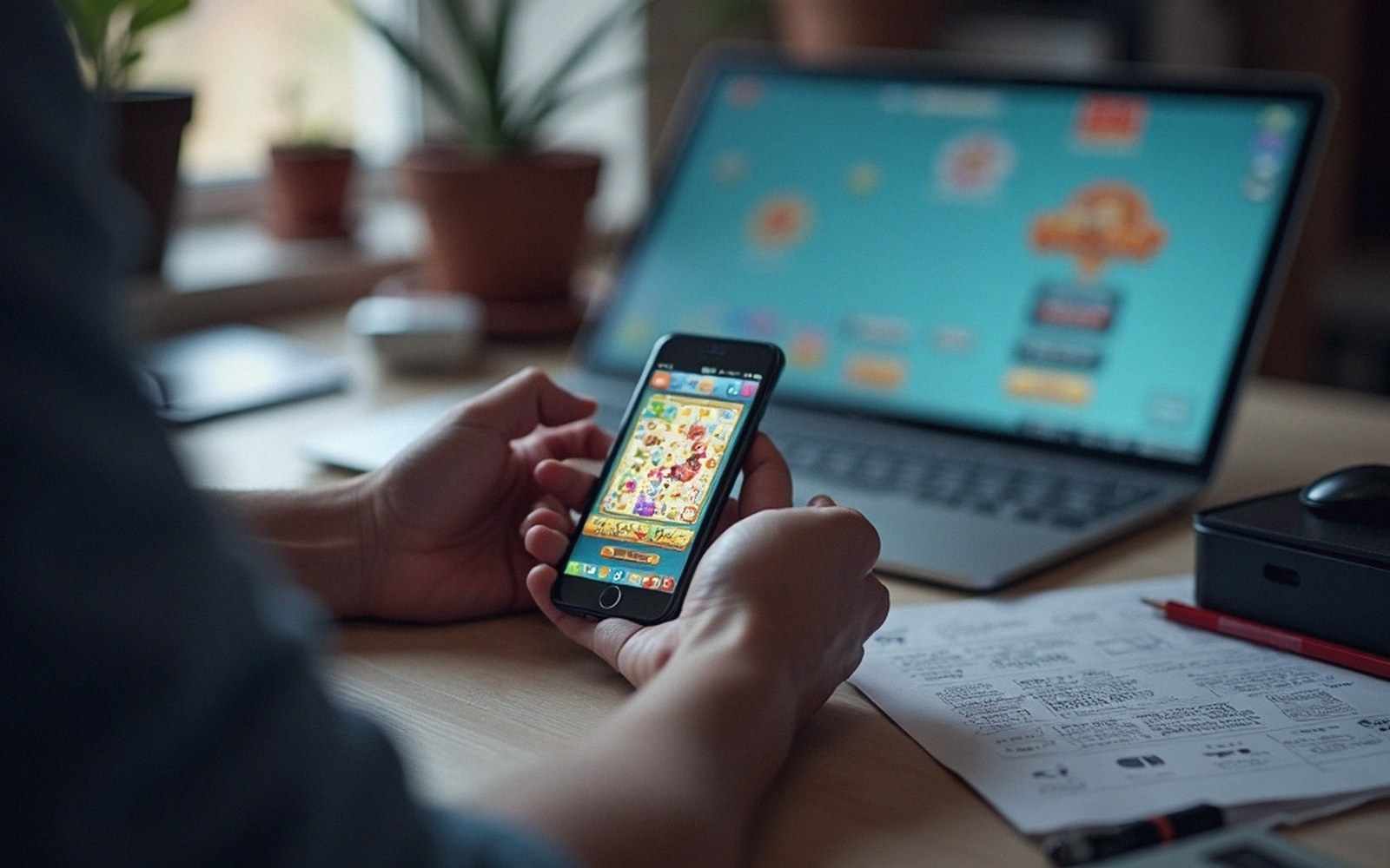 Person holding a smartphone showing a colorful match-three game, laptop screen blurred behind