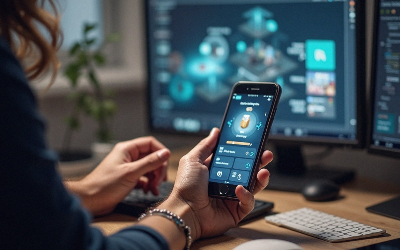 A person checks a smartphone app while a monitor displays a glowing 3D dashboard interface behind them