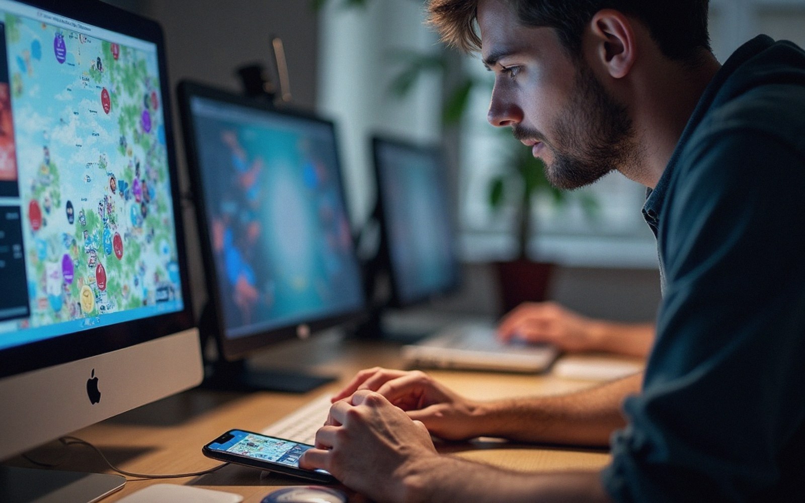 Man studies a color-coded map on a desktop monitor while holding a smartphone