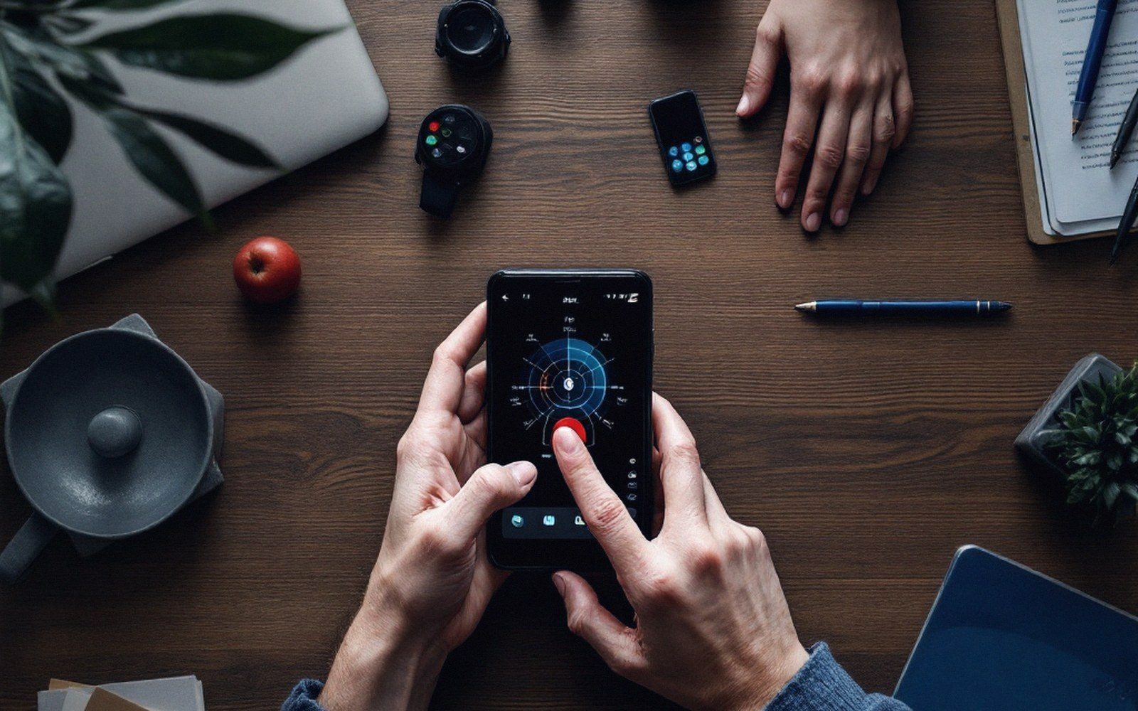 A phone held one-handed with the thumb mid-reach